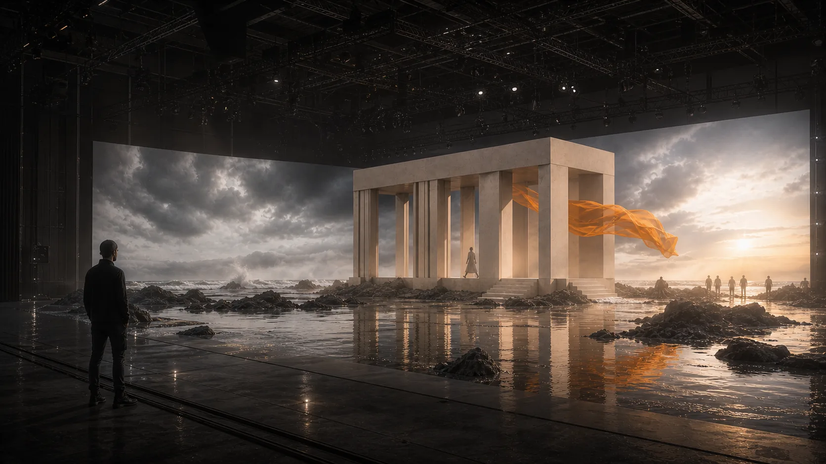 Concept study of a human director observing a coastal pavilion scene alive with performance, water, crowds, wind, atmosphere, and stage lighting.