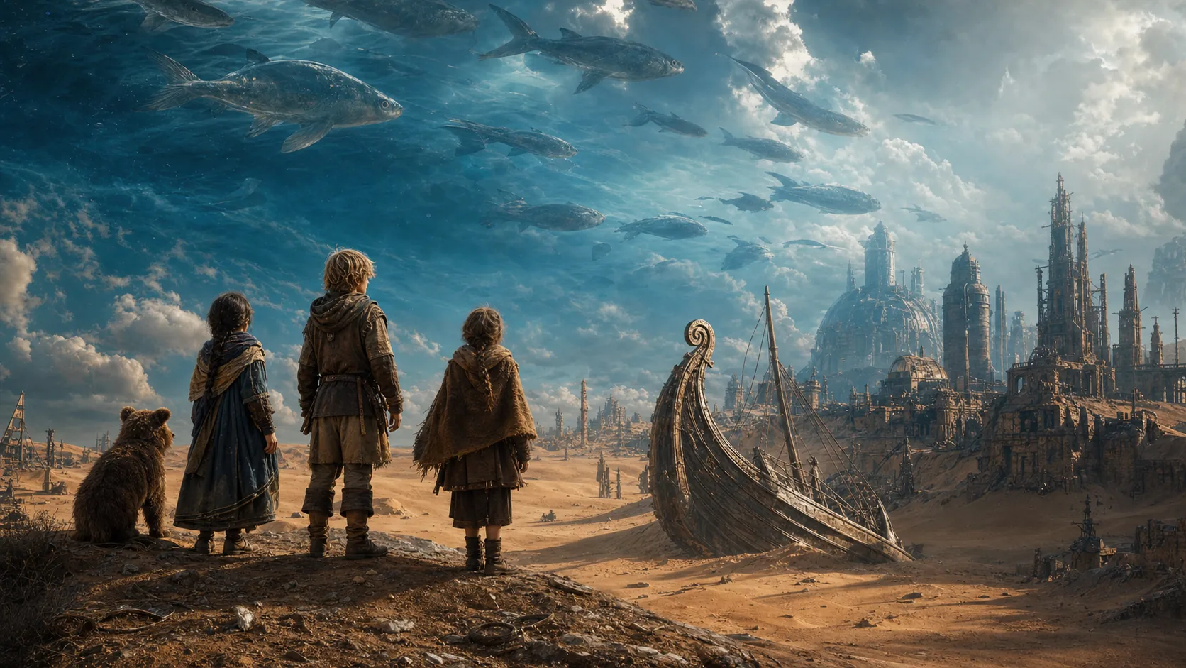 Kaspar, two companions, and a bear cub look across a desert world of ancient ships, industrial ruins, and fish swimming through the sky.