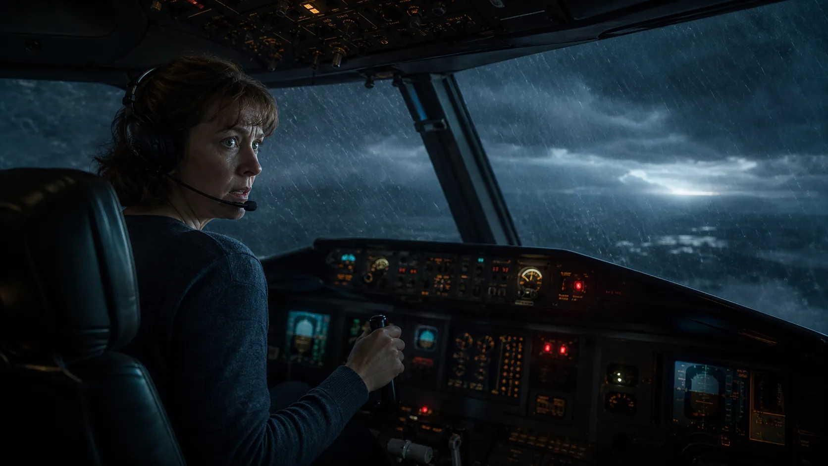 A lone civilian woman attempts to fly a passenger aircraft through a violent night storm.