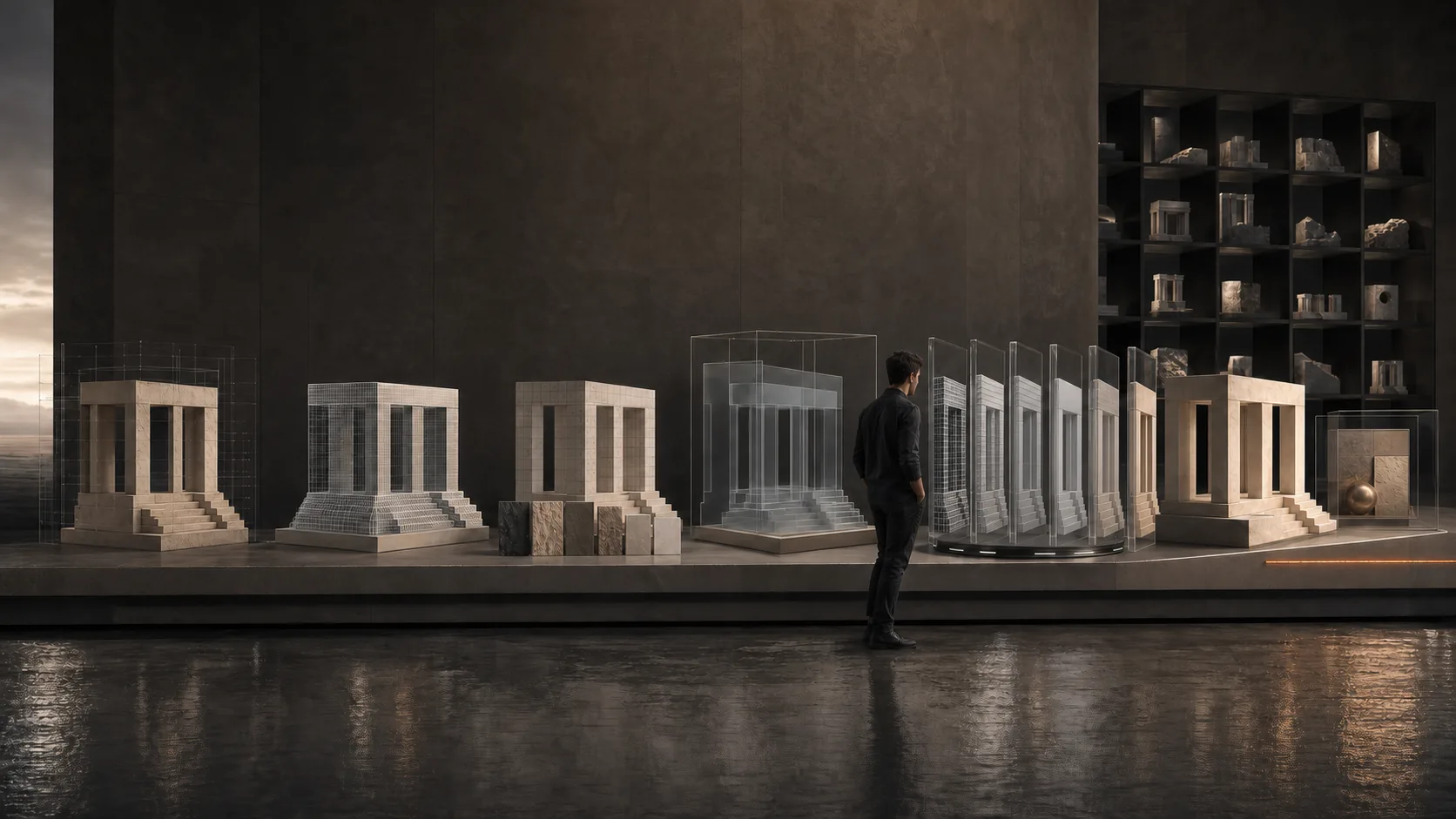Concept study of one pavilion asset progressing through topology, material, collision, verification, and a canonical library while a human reviews it.
