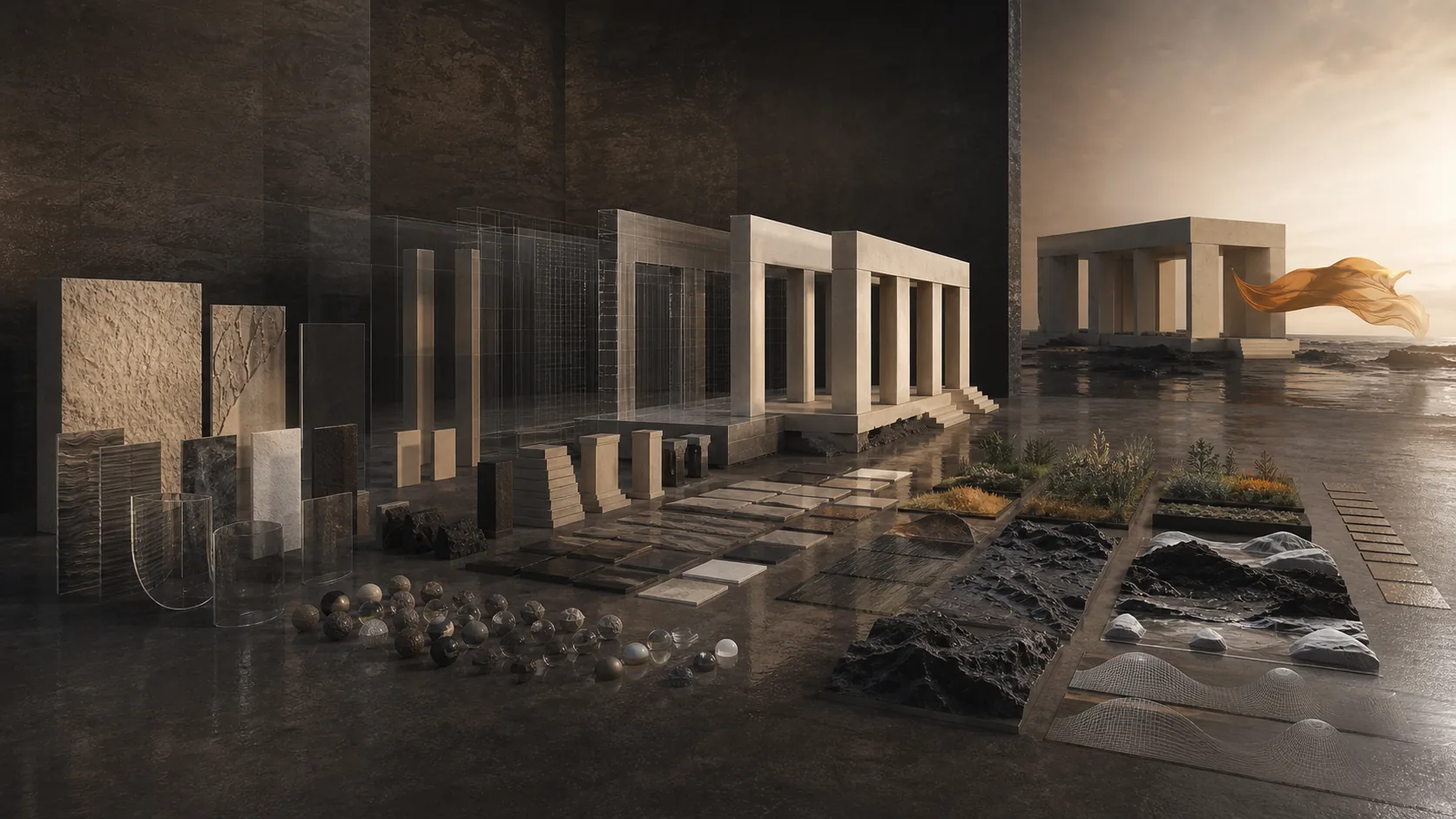 Concept visualization of the coastal pavilion assembled from geometry, stone, terrain, vegetation, and material studies in a contemporary digital workshop.