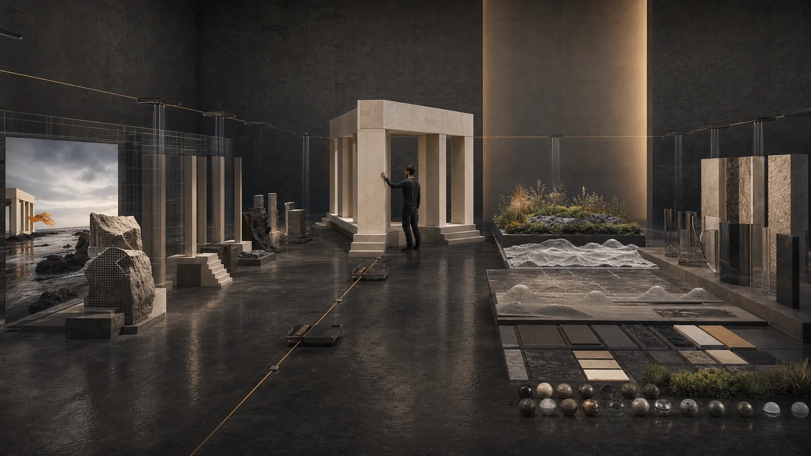 Concept study of a human technical artist inspecting a pavilion asset inside a digital workshop of geometry, terrain, vegetation, scans, and material samples.