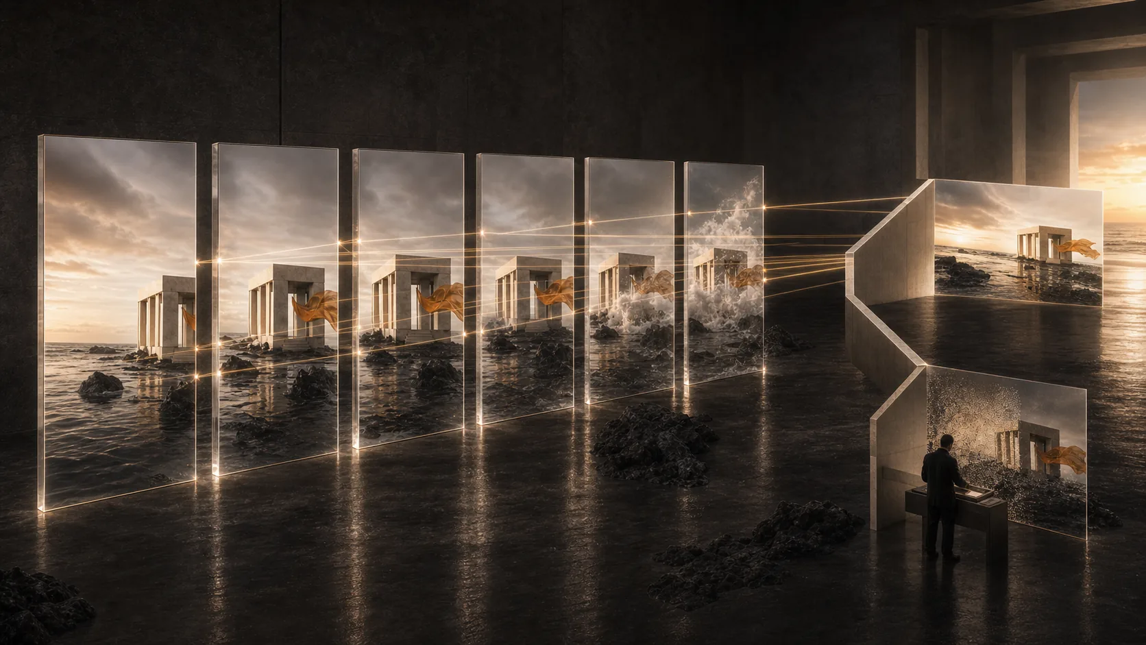 Concept study of six coherent composite frames, connected through time, dividing into a clean finished path and an uncertain fragment routed to an artist.