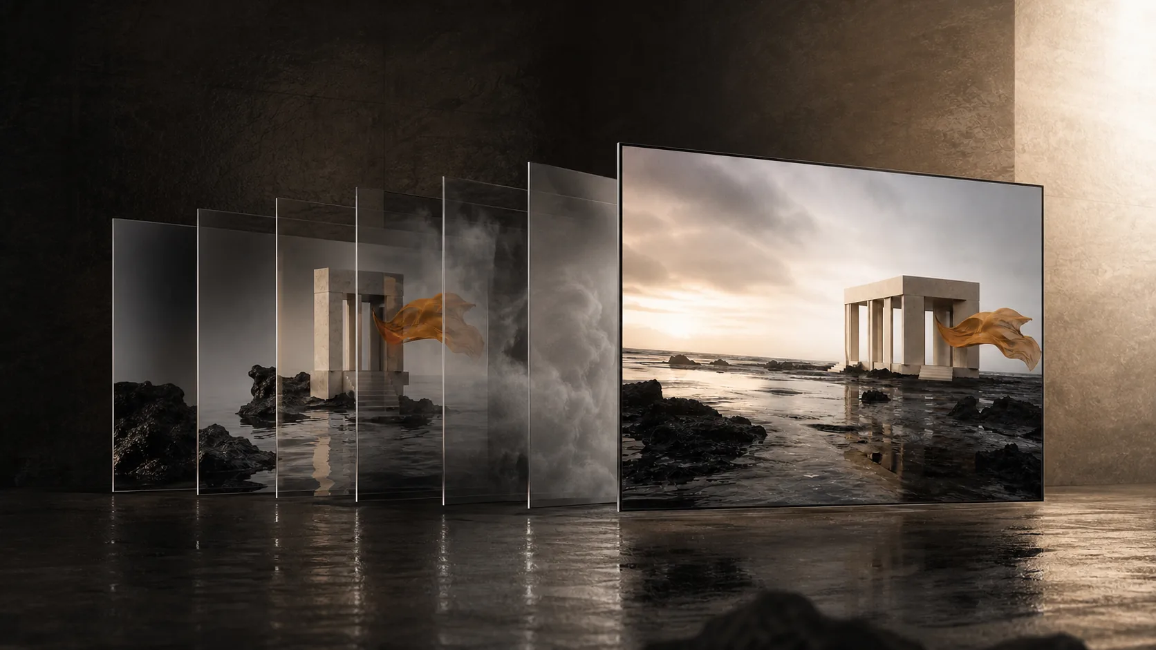 Concept visualization of rocks, water, architecture, fabric, atmosphere, and light aligning through transparent planes into one finished coastal image.
