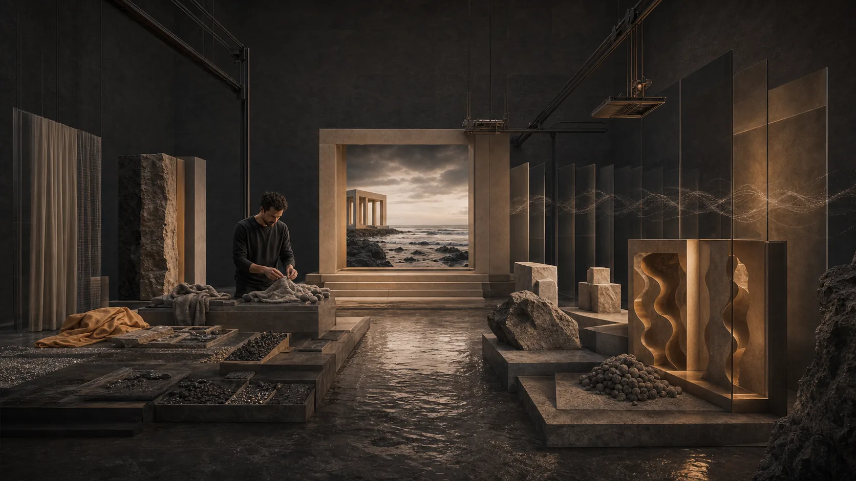 Concept study of a human sound designer working with cloth, wet stone, gravel, impact forms, ambience planes, and designed acoustic cavities around picture.