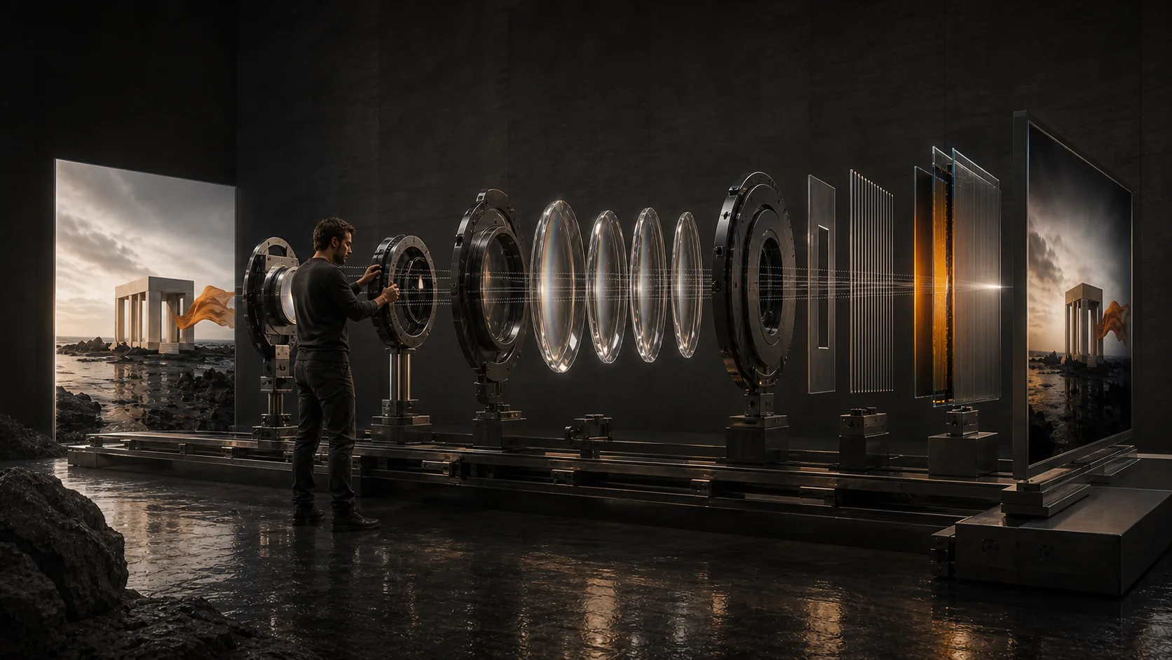 Concept study of a cinematographer adjusting a physical optical chain between the staged coastal pavilion and its photographed image.