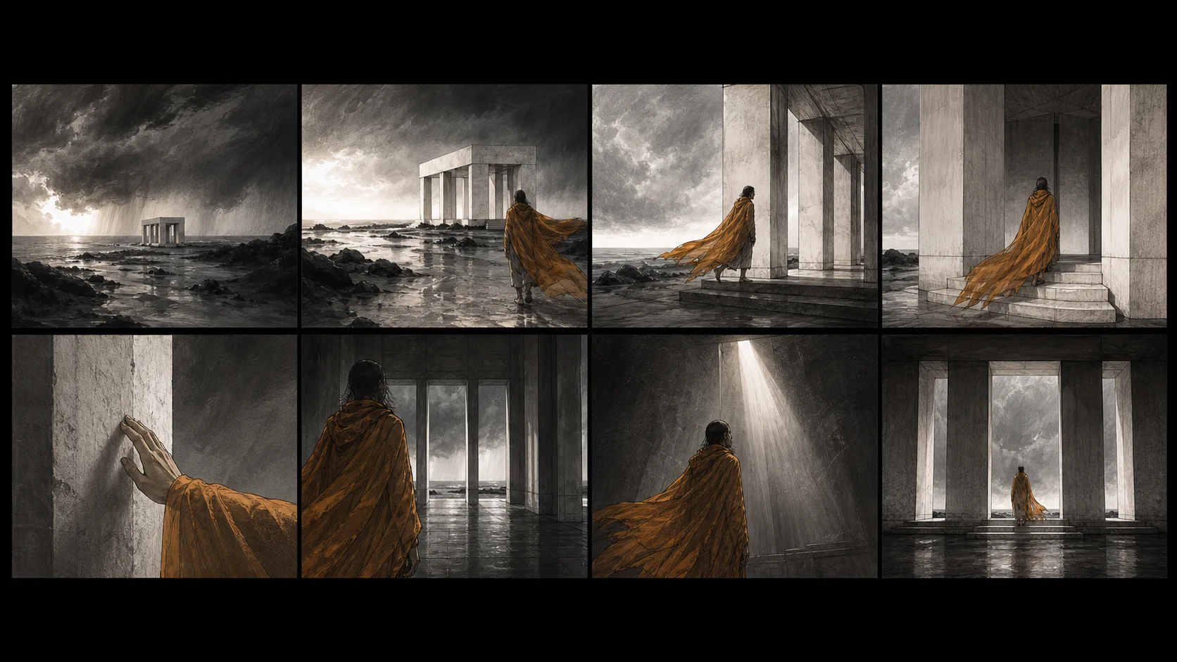 Concept storyboard study showing eight sequential views of one figure approaching and entering a coastal pavilion.