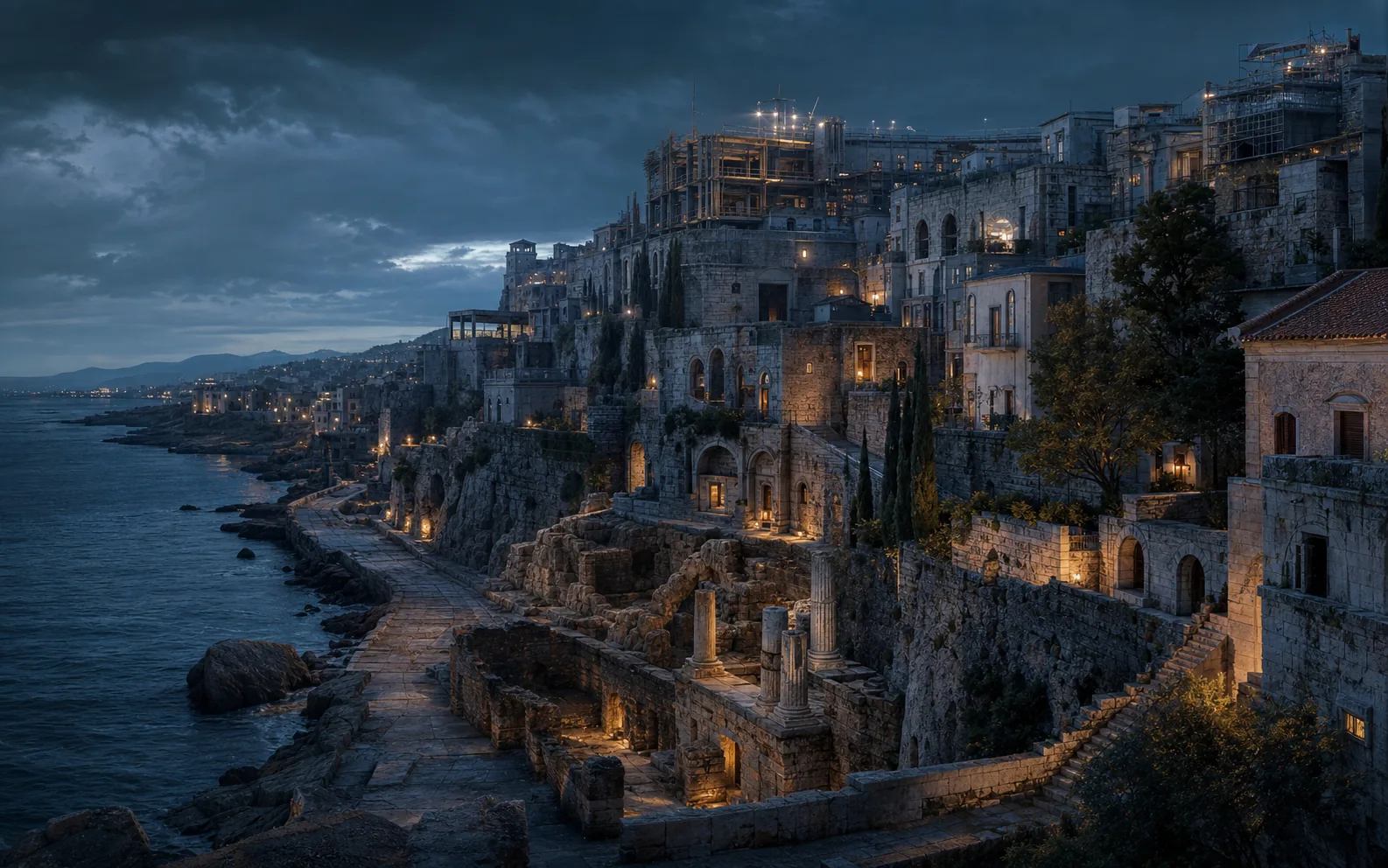 Concept visualization of one coastal city retaining ancient foundations, lived-in architecture, and new construction as aligned layers of history.