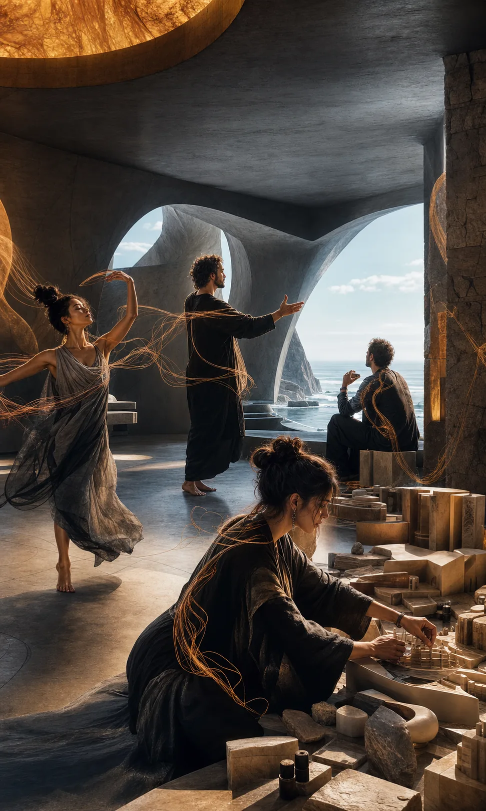 Concept study of four independent Numen creative embodiments—a performer, director, cinematographer, and spatial designer—each carrying a distinct experiential trace.