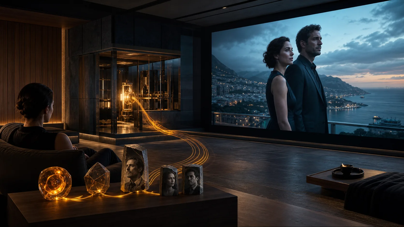 Concept visualization of a viewer commissioning a story through chosen creative identities and watching the finished original film.