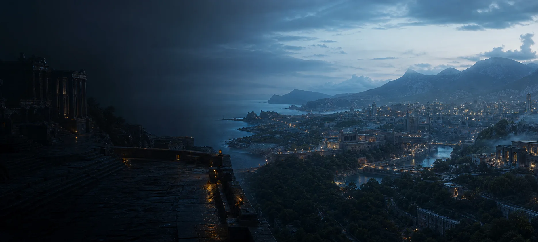 Concept visualization of a persistent coastal world where old foundations, a growing city, forests, and mountains share one accumulated history.